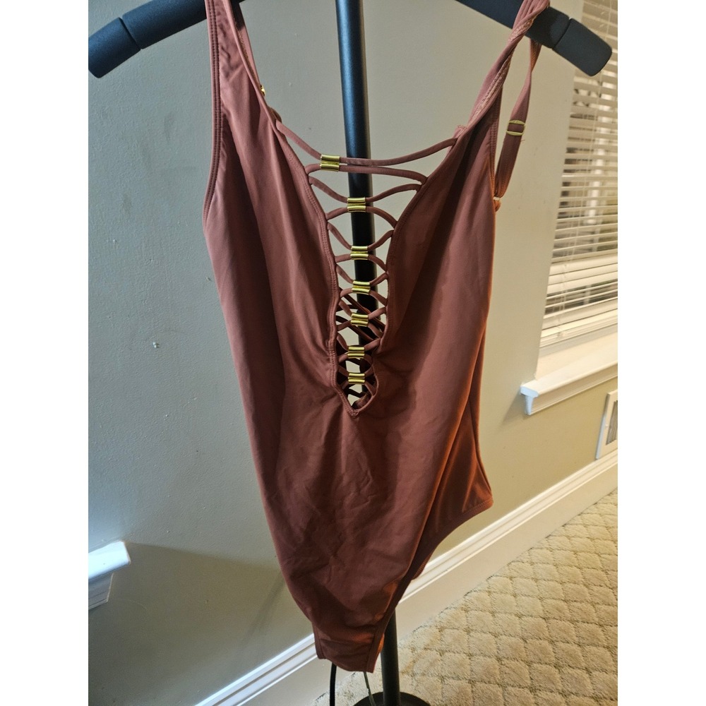 Bleu Rod Beattie Lace Up One Piece Swimsuit Terracotta Rust Gold Hardware Medium